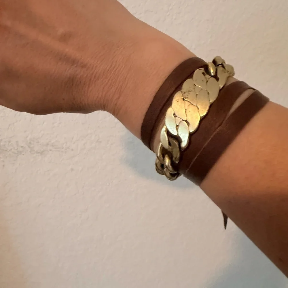Kenneth Cole Brown Leather Bracelet | Gold Chain Detail Adjustable Cuff